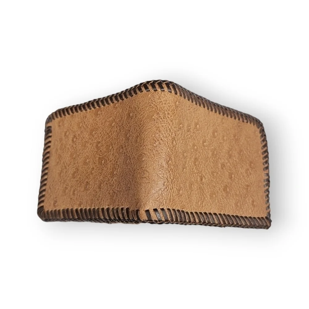 Vintage Ostrich Leather Bifold Wallet Brown Laced Edges Mens Unisex 70s 4.75